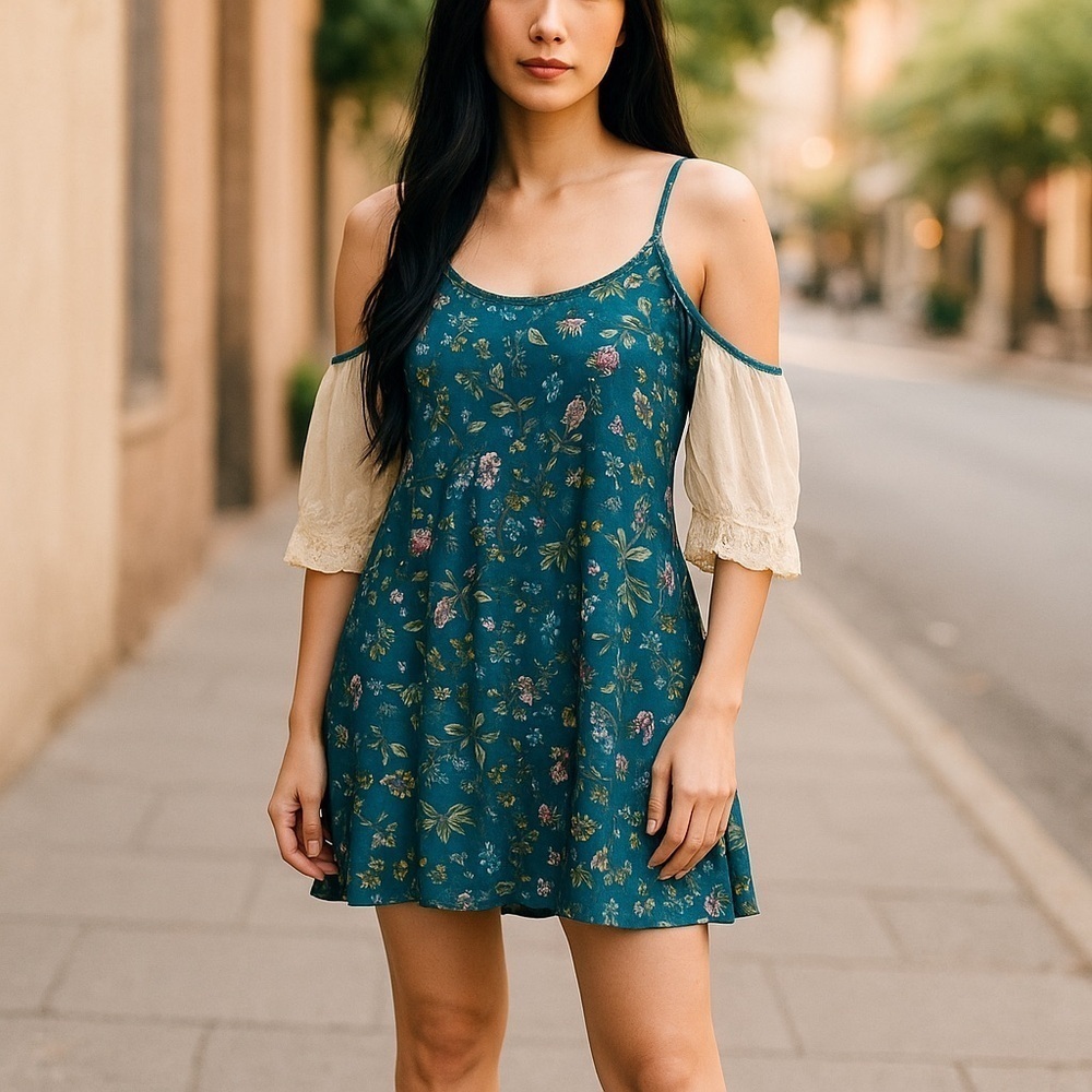 Umgee Teal Floral Cold Shoulder Boho Dress